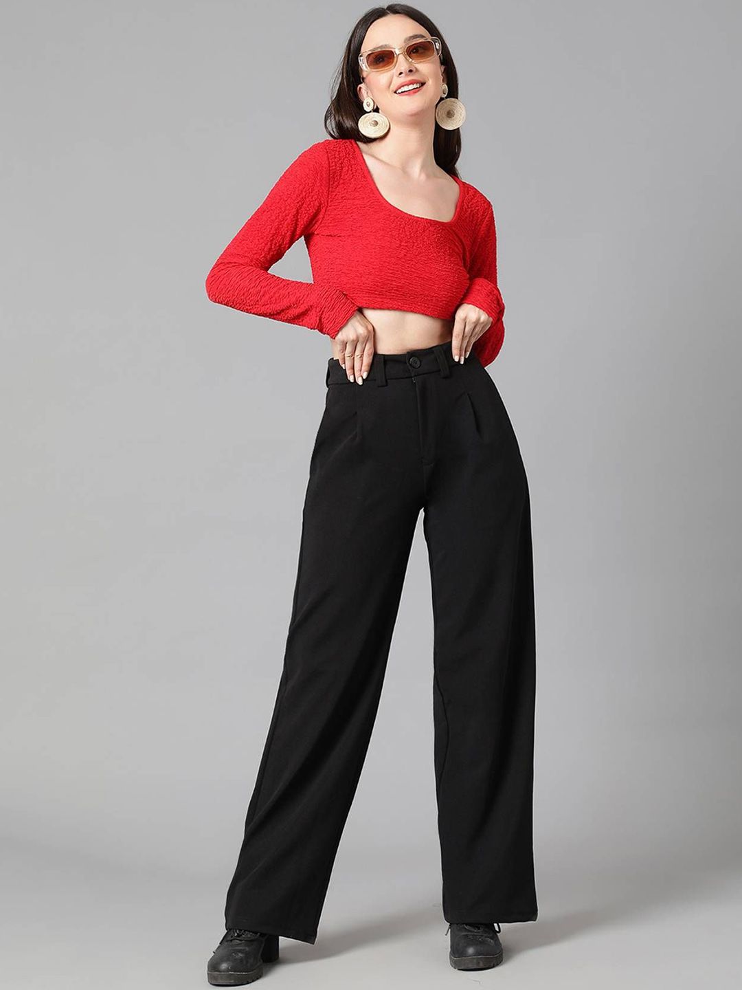 KOTTY Basics Women Relaxed Straight Leg Relaxed Fit High-Rise Easy Wash Trousers