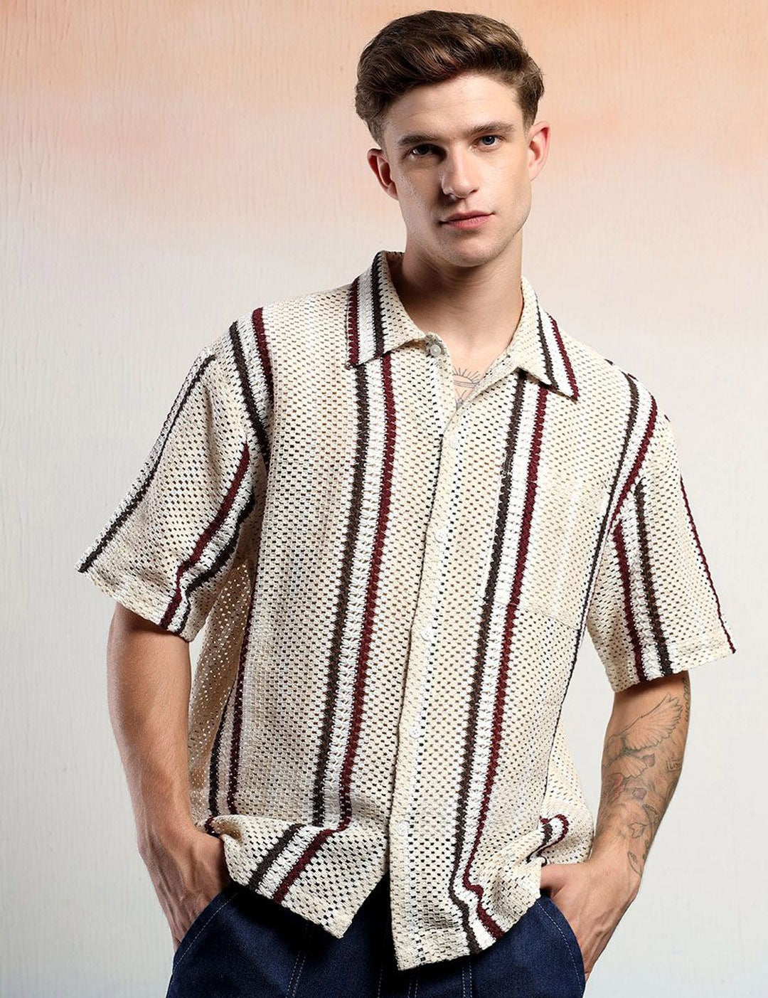Kotty Vertical Stripes Cotton Spread Collar Short Sleeves Shirt
