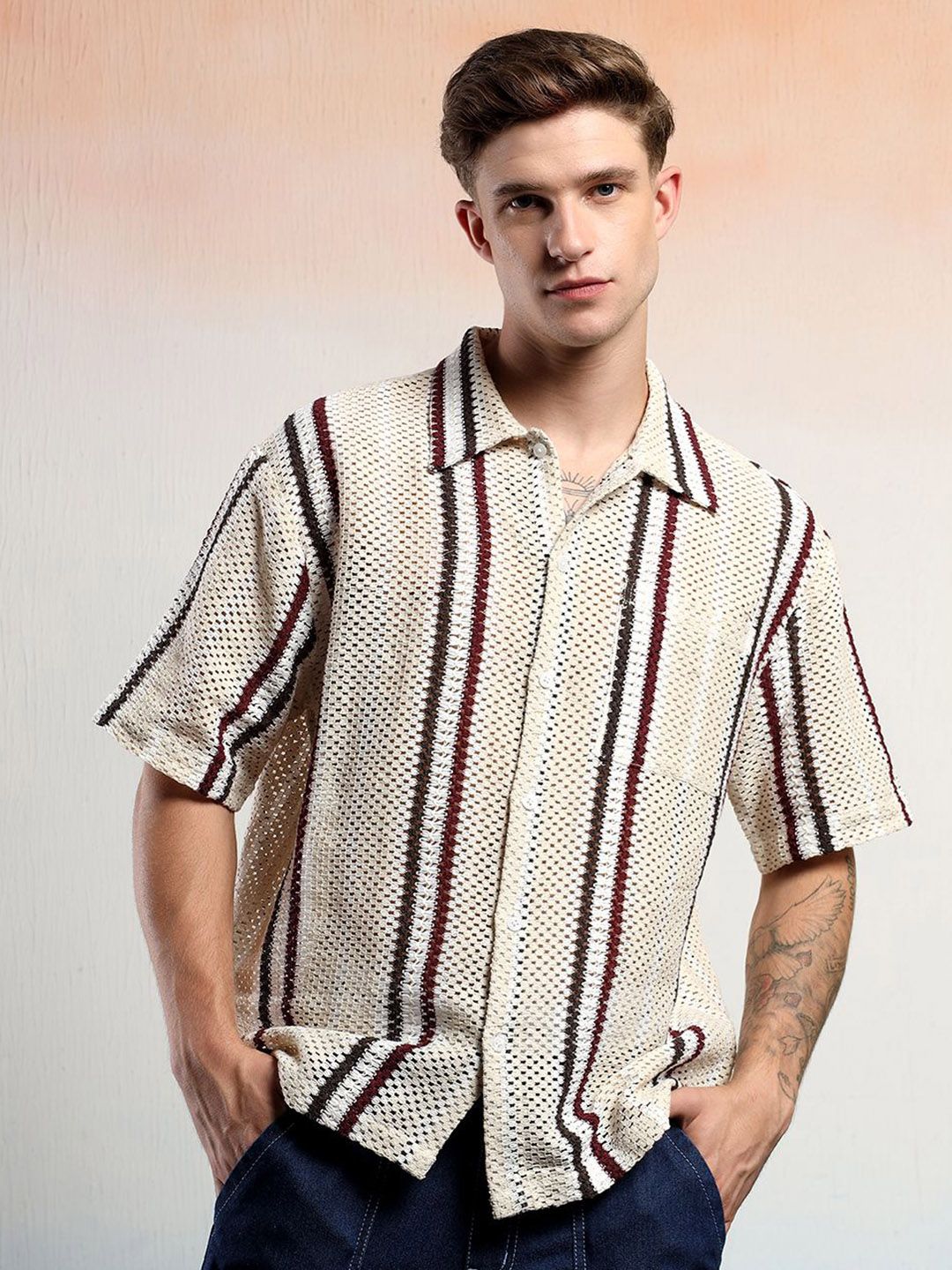 Kotty Vertical Stripes Cotton Spread Collar Short Sleeves Shirt