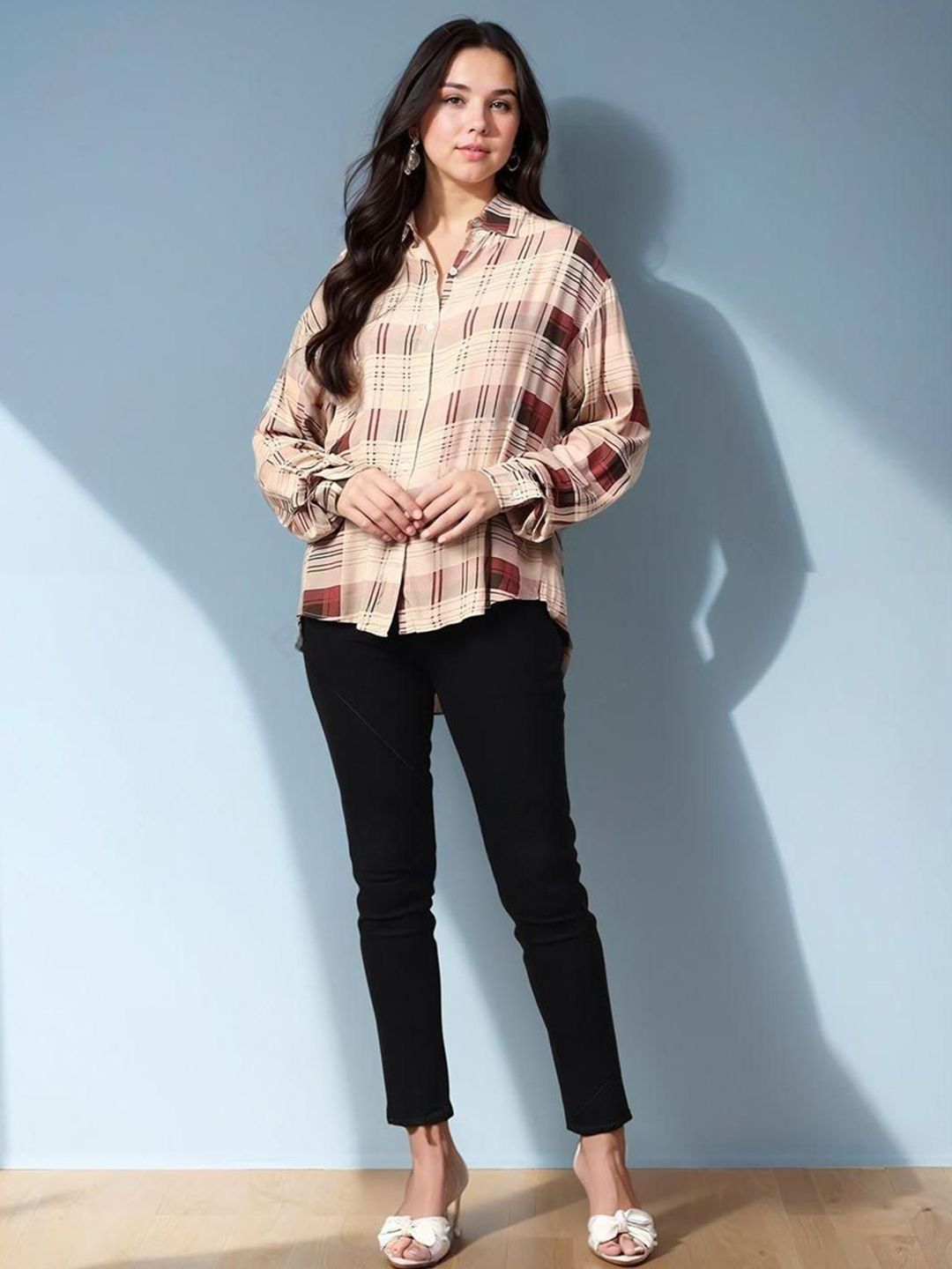 Kotty Women Spread Collar Tartan Checked Cotton Casual Shirt