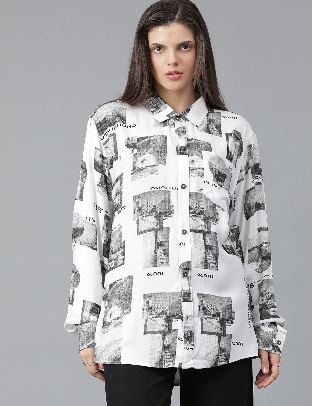 Kotty Women Spread Collar Conversational Printed Cotton Oversized Casual Shirt