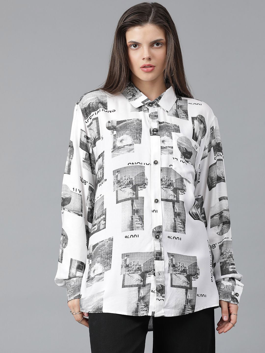 Kotty Women Spread Collar Conversational Printed Cotton Oversized Casual Shirt
