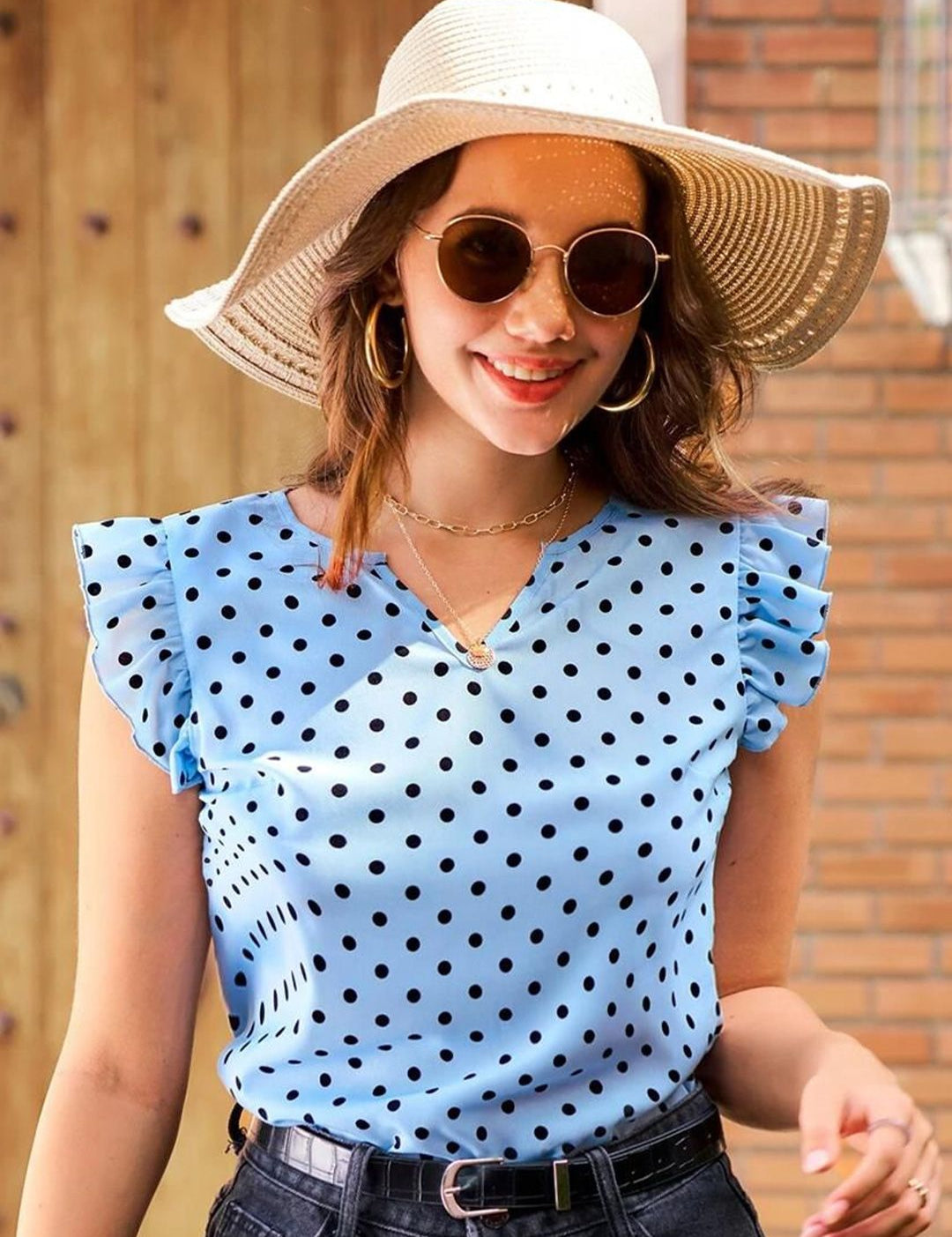 Kotty Polka Dot Printed Flutter Sleeve Top