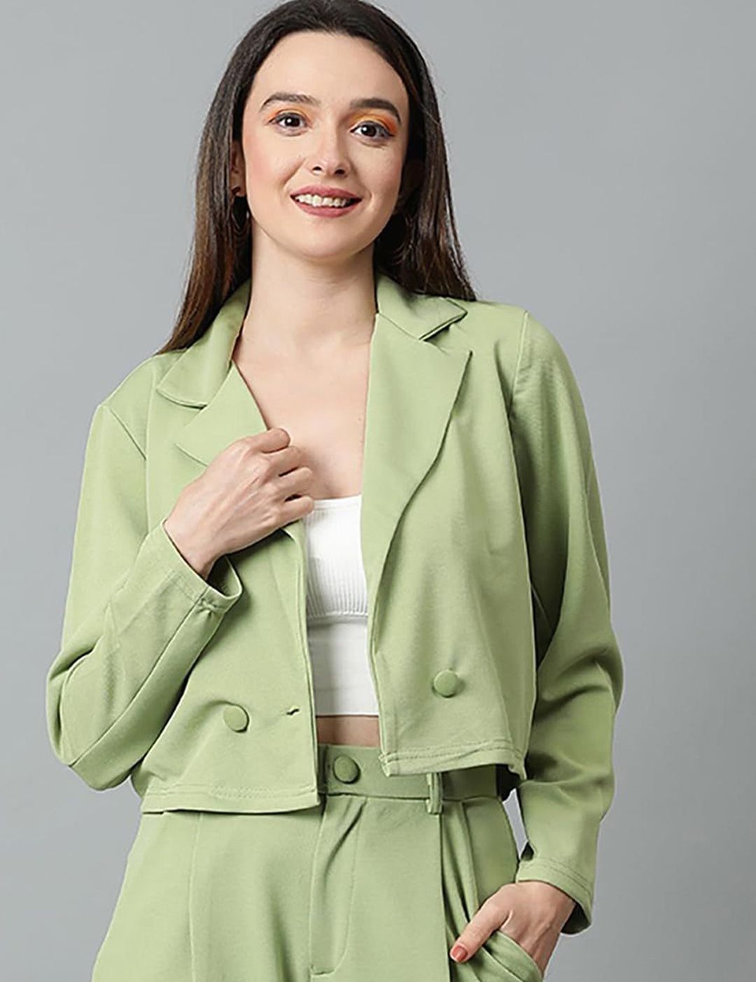 Kotty Notch Lapel Collar Double-Breasted Crop Blazer