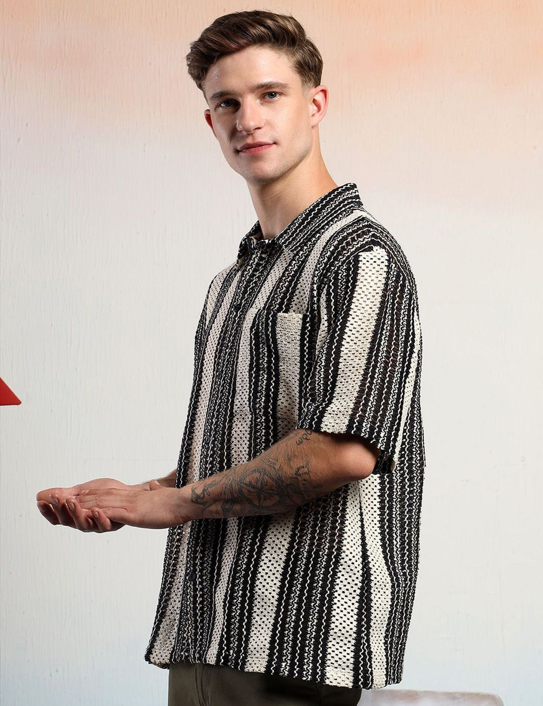 Kotty Men Vertical Stripes Self Design Cotton Sheer Casual Shirt