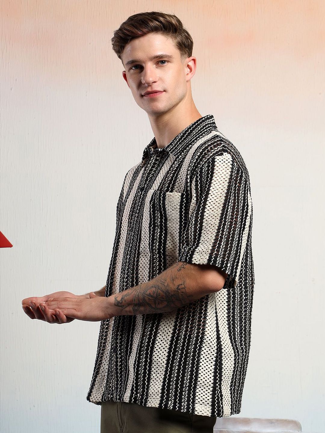 Kotty Men Vertical Stripes Self Design Cotton Sheer Casual Shirt