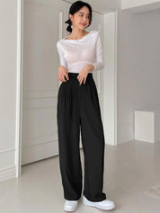 Kotty Women Cotton Relaxed Straight Leg Straight Fit High-Rise Easy Wash Pleated Trousers