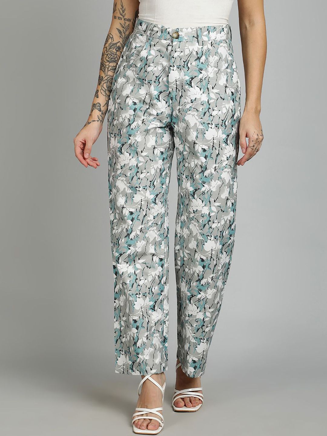 Kotty Women Floral Printed Straight Fit High-Rise Trousers