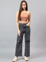 Kotty Women Bootcut High-Rise Cotton Slash Knee Stretchable Jeans