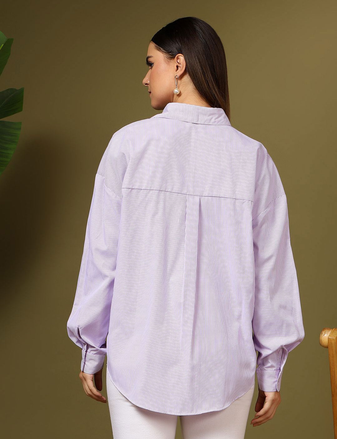 Kotty Women Relaxed Fit Spread Collar Vertical Striped Cotton Casual Shirt