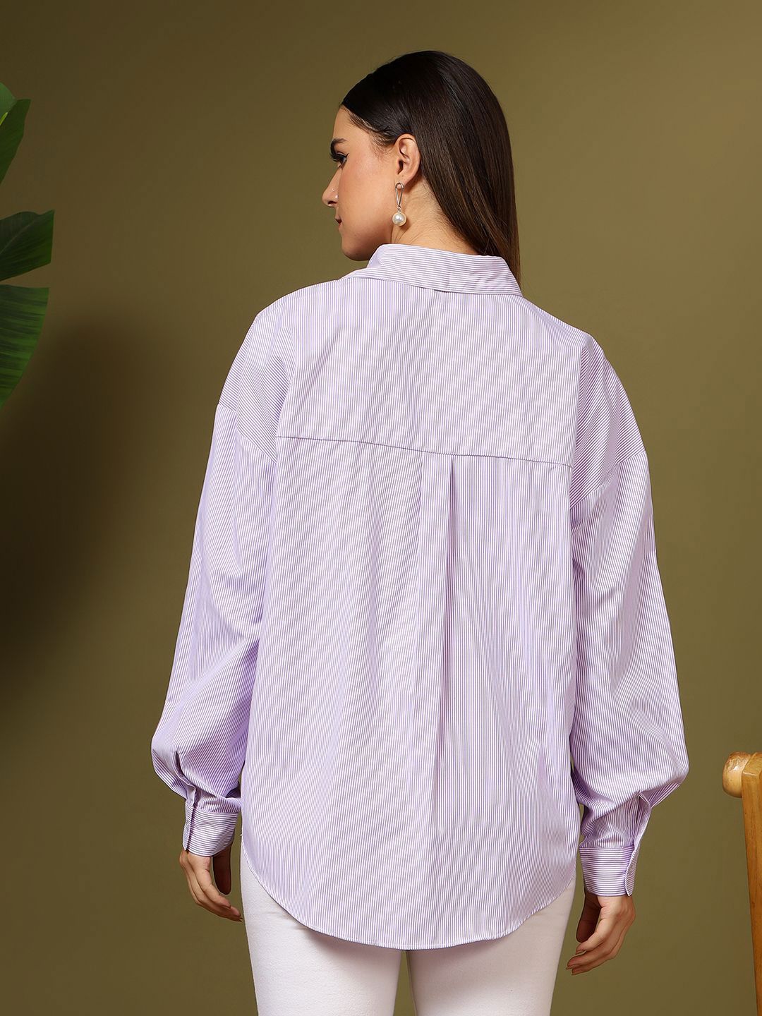 Kotty Women Relaxed Fit Spread Collar Vertical Striped Cotton Casual Shirt