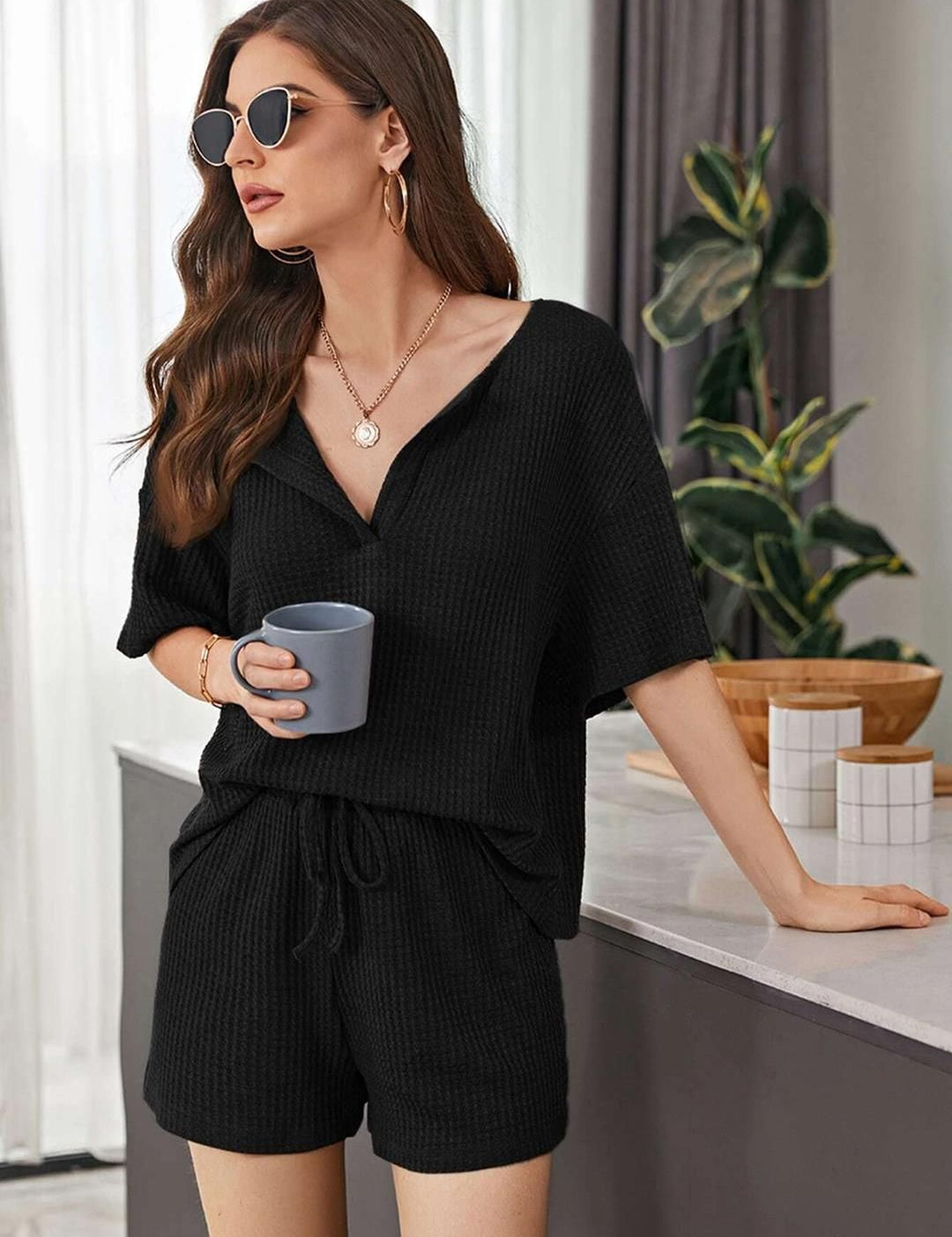 Kotty Black Self Design Top With Shorts