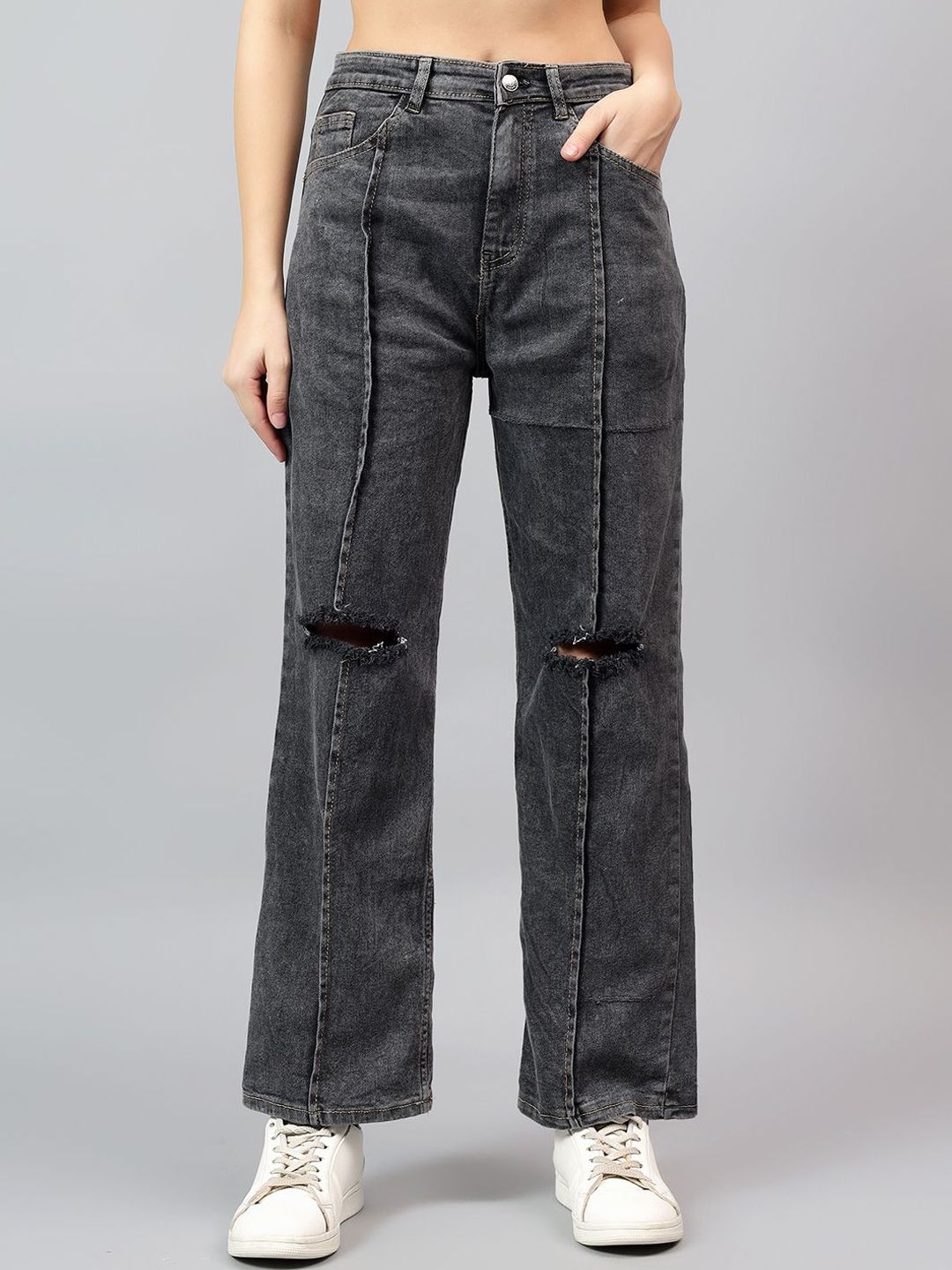 Kotty Women Straight Fit High-Rise Low Distress Cotton Stretchable Jeans