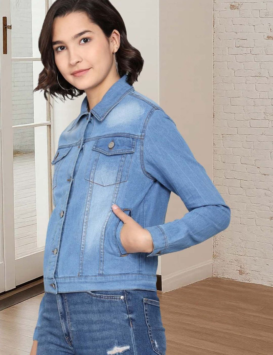 Kotty Women Spread Collar Solid Denim Jacket