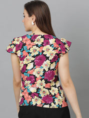 Kotty Women Floral Printed V-Neck Flutter Sleeve Top