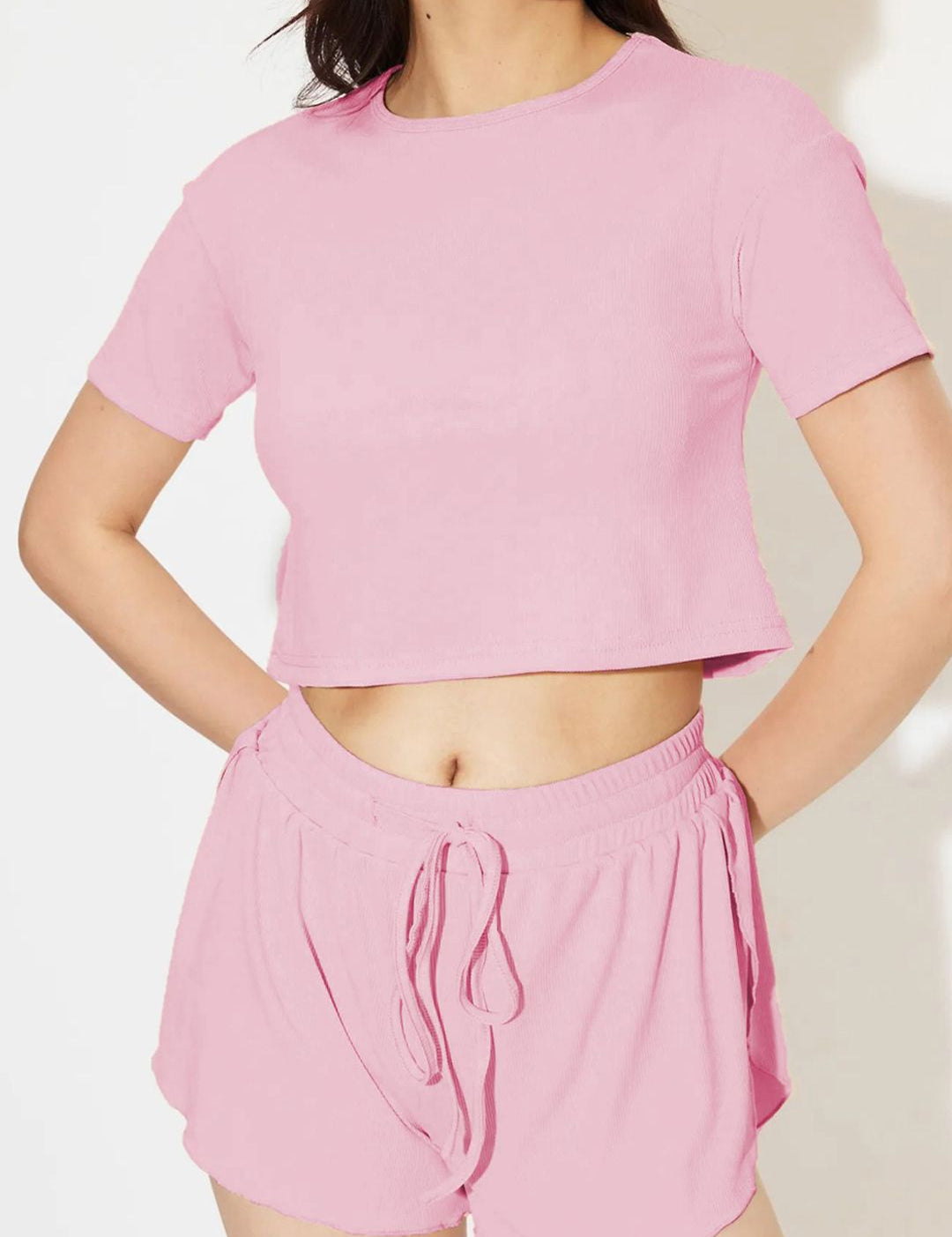 Kotty Pink Round Neck Short Sleeves Top With Shorts 