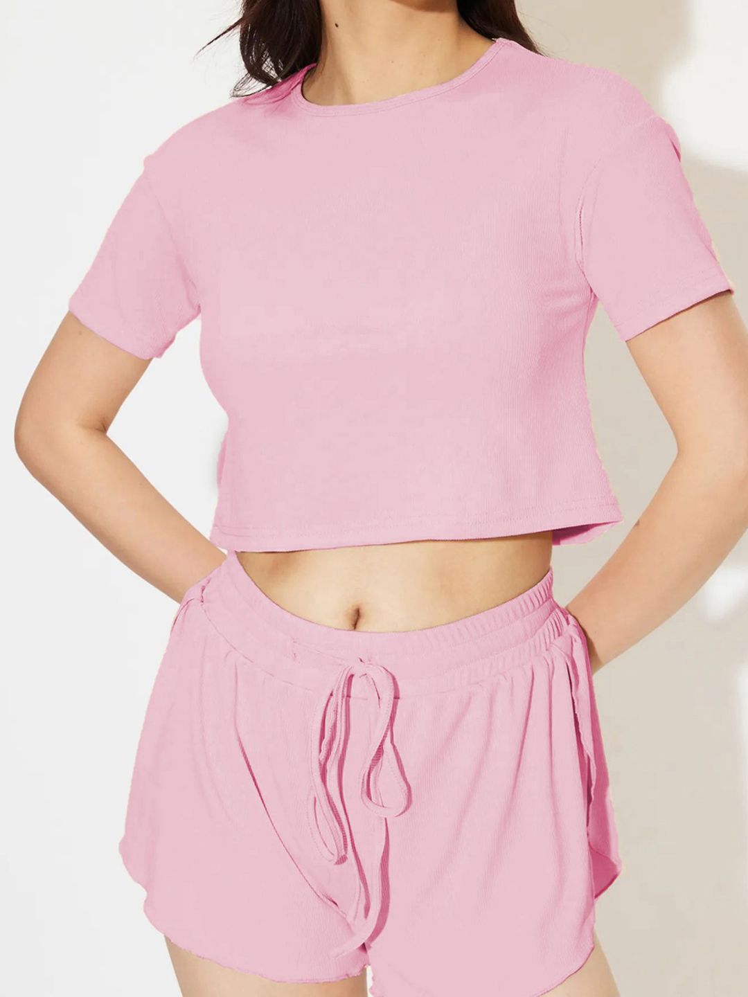 Kotty Pink Round Neck Short Sleeves Top With Shorts 