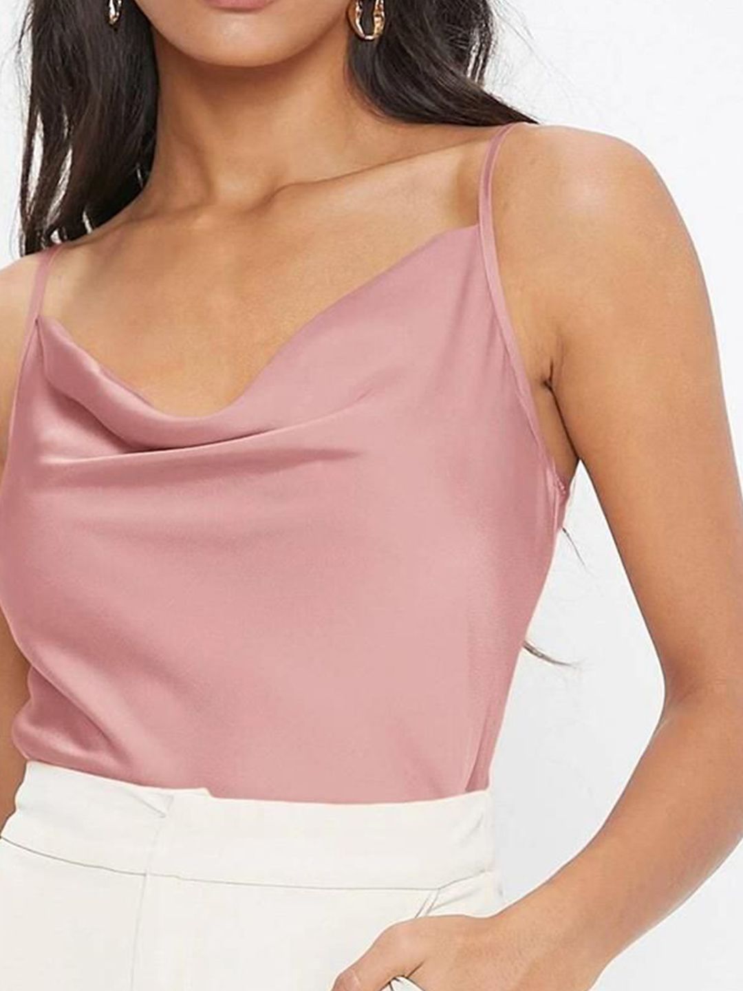 Kotty Women Solid Cowl Neck Shoulder Straps Satin Top