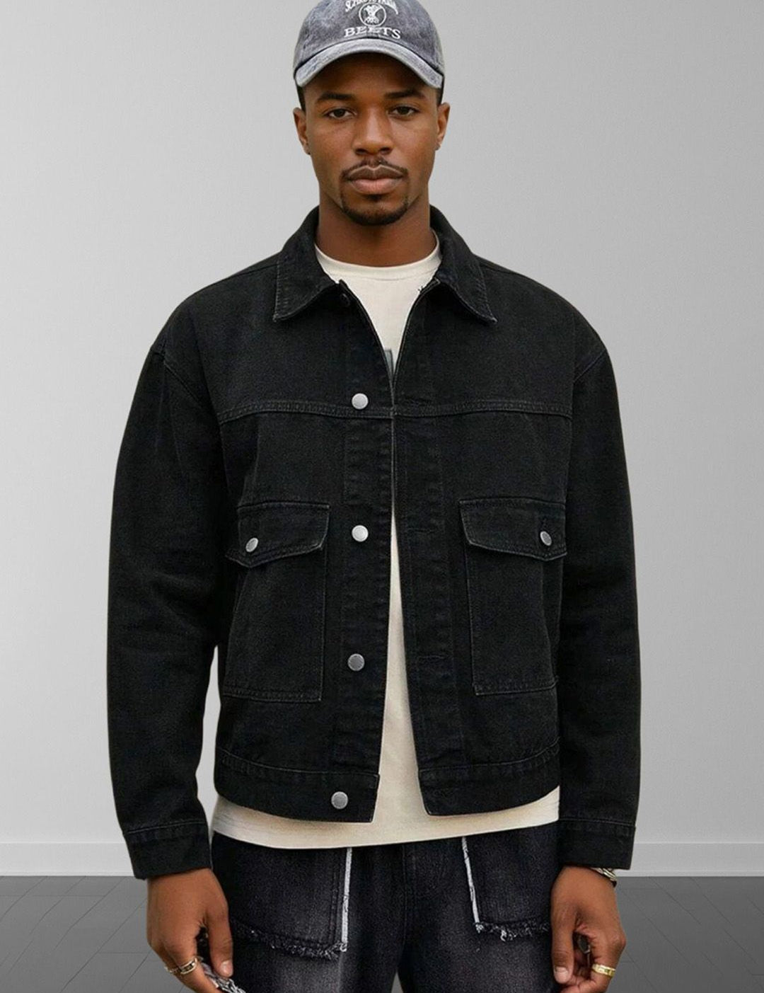 Kotty Men Spread Collar Solid Denim Jacket
