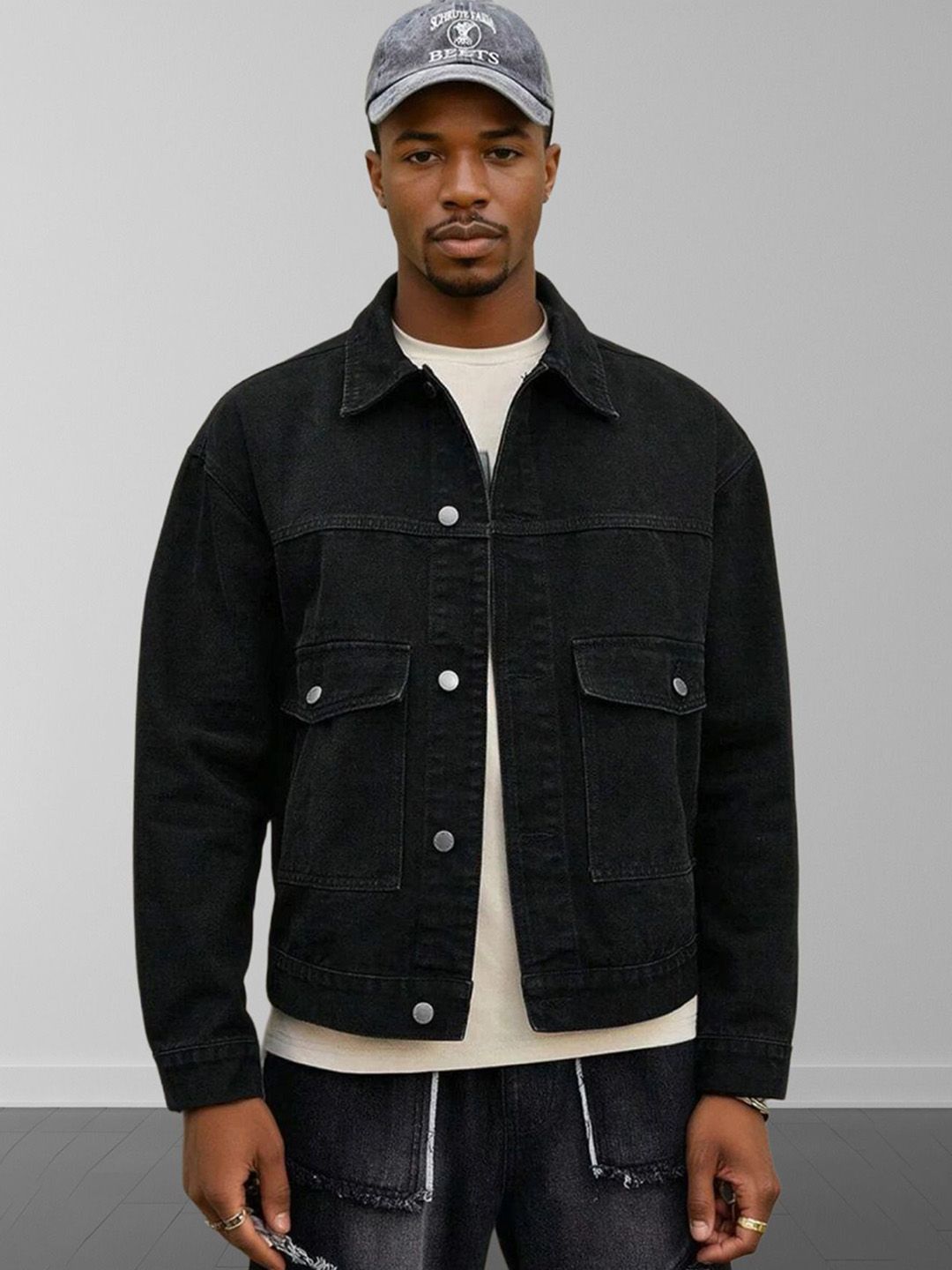 Kotty Men Spread Collar Solid Denim Jacket