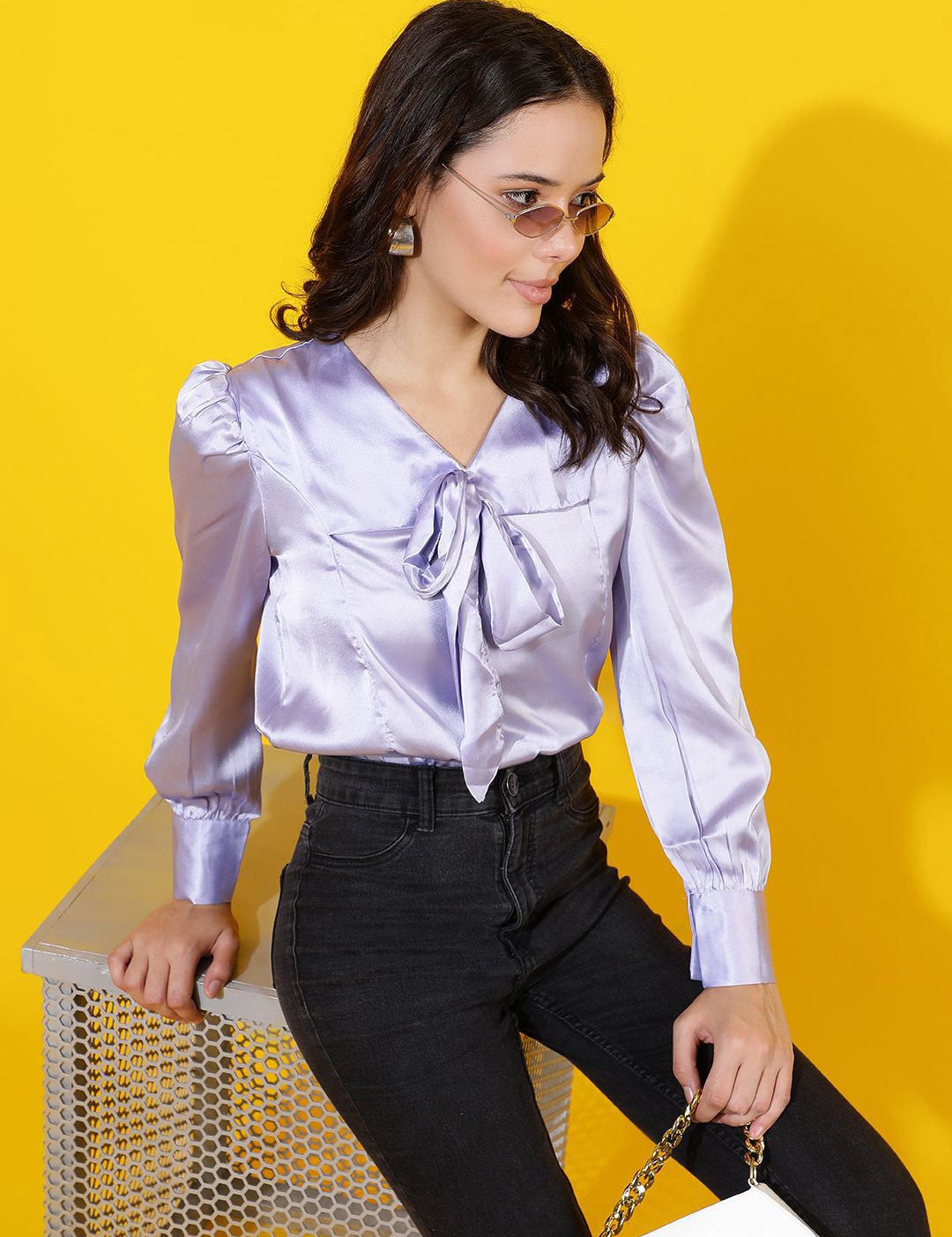 Kotty Women Solid Tie-Up Neck Satin Top