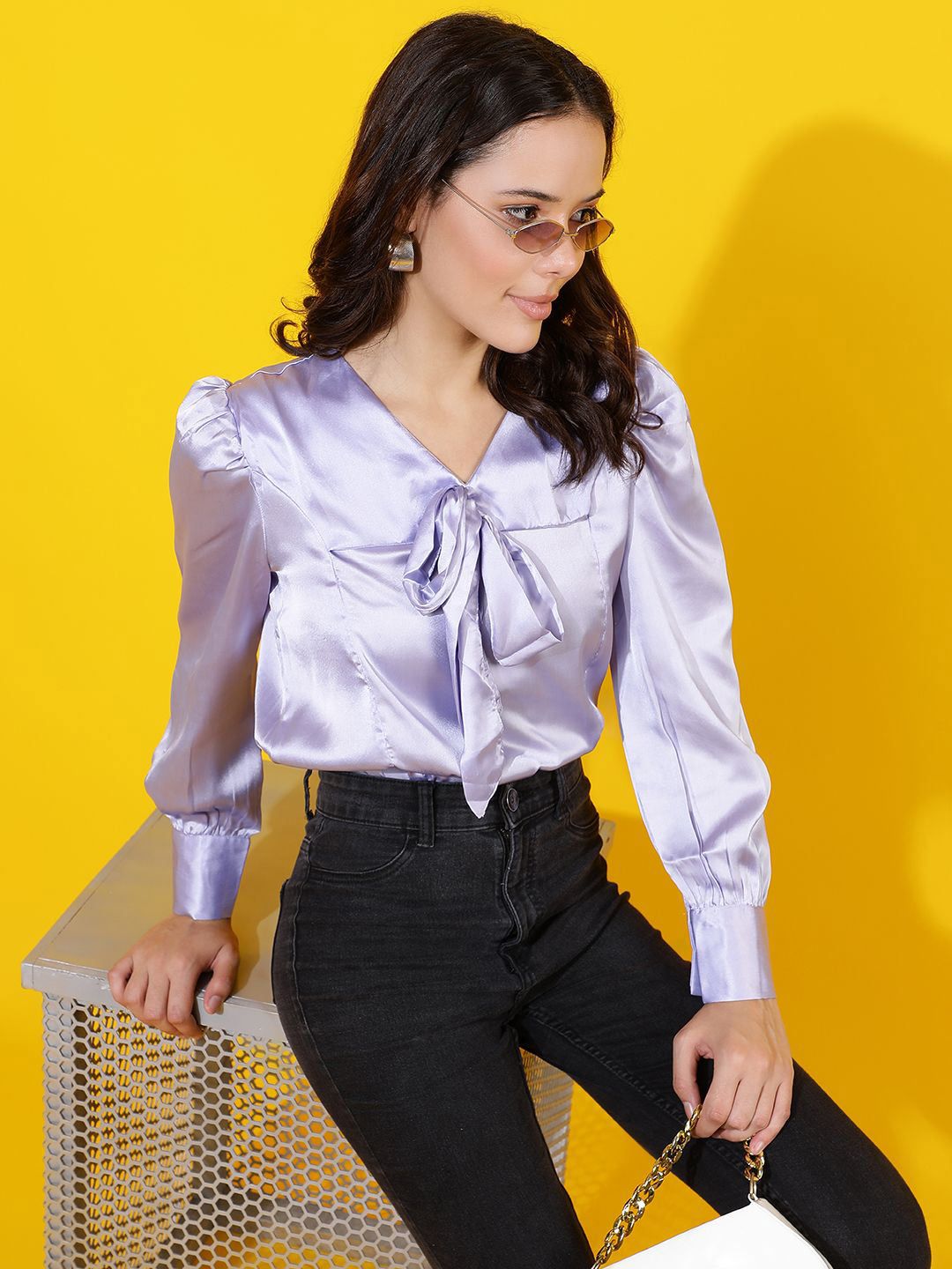 Kotty Women Solid Tie-Up Neck Satin Top