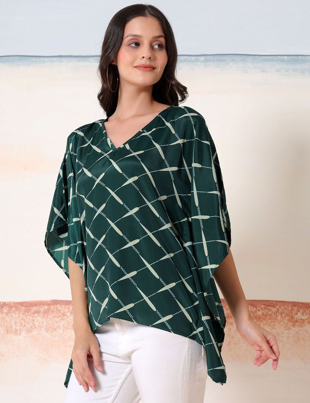 Kotty Women Checked Batwing Sleeve Satin Kaftan Top