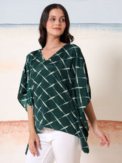 Kotty Women Checked Batwing Sleeve Satin Kaftan Top