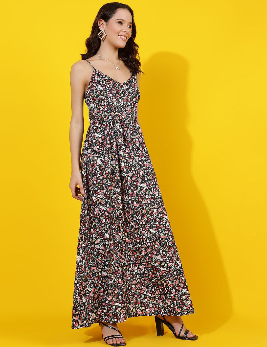 Kotty Women Shoulder Straps Floral Printed Gathered or Pleated Maxi Dress