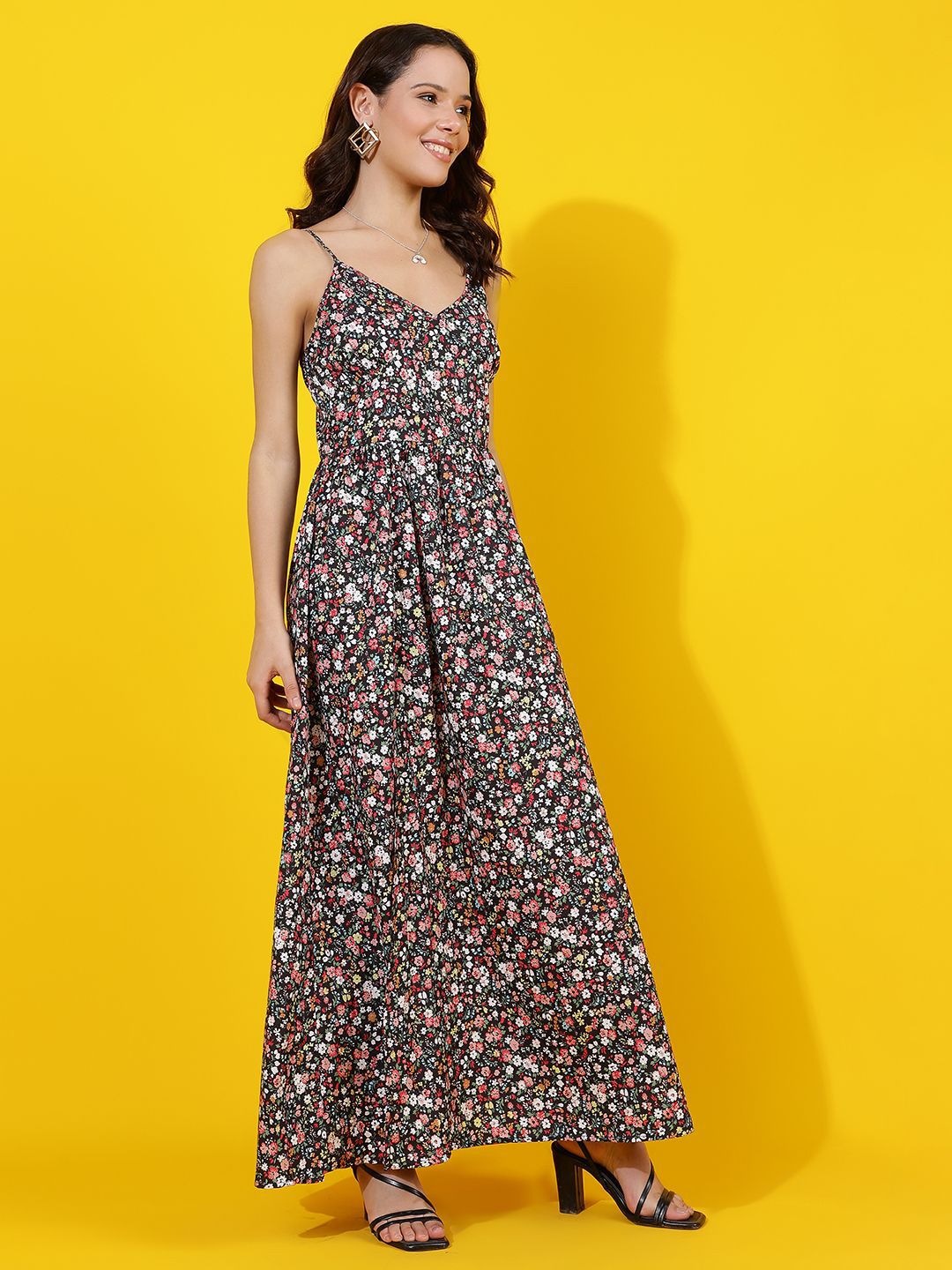 Kotty Women Shoulder Straps Floral Printed Gathered or Pleated Maxi Dress