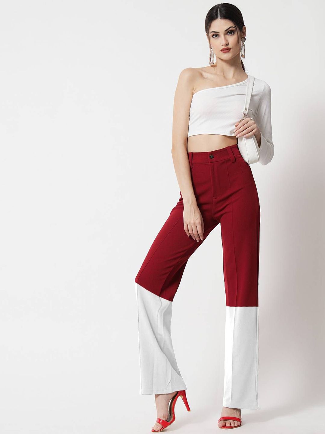 Kotty Women Colourblocked Regular Fit High-Rise Easy Wash Trousers