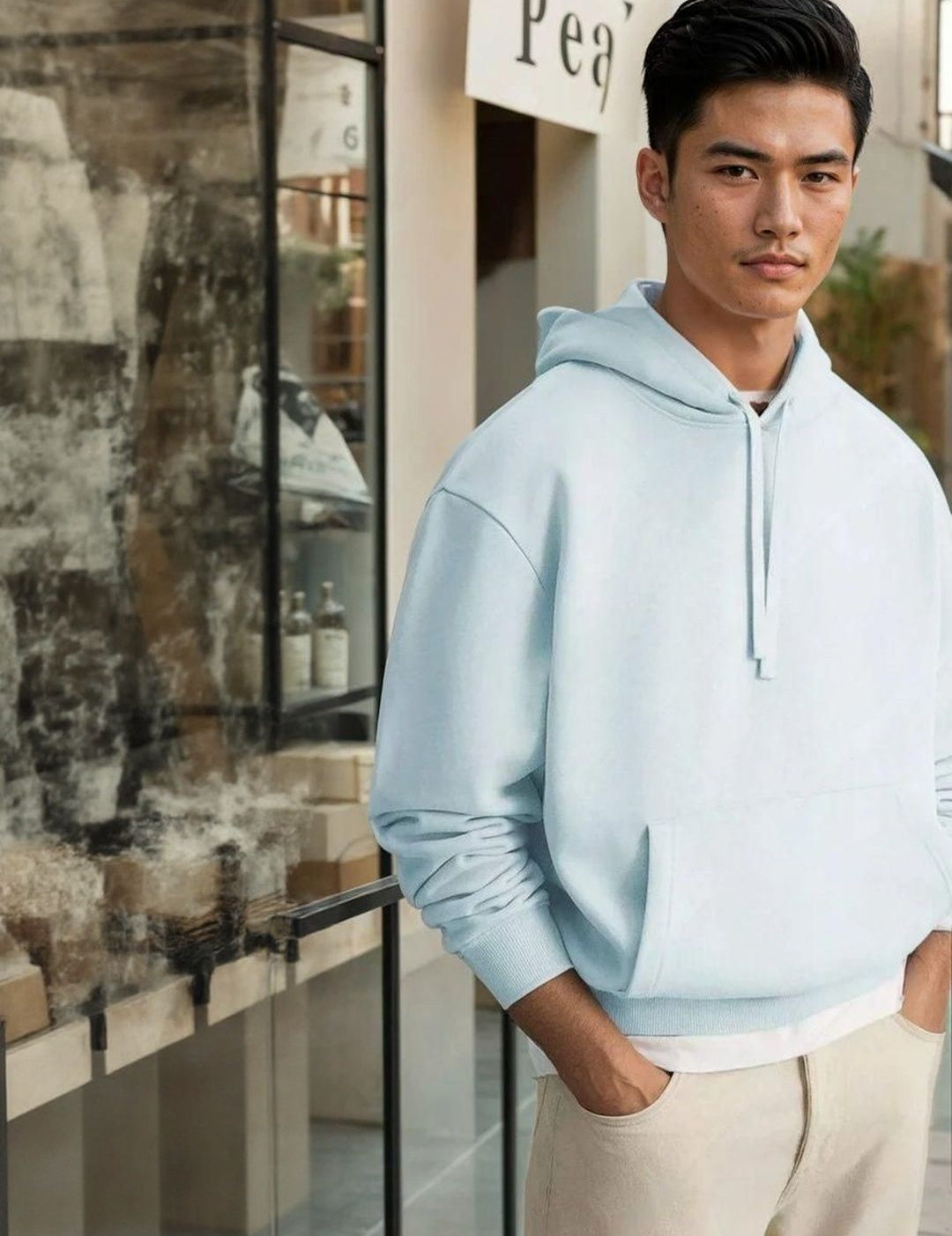 Kotty Men Hooded Solid Ribbed Cotton Pullover Sweatshirt