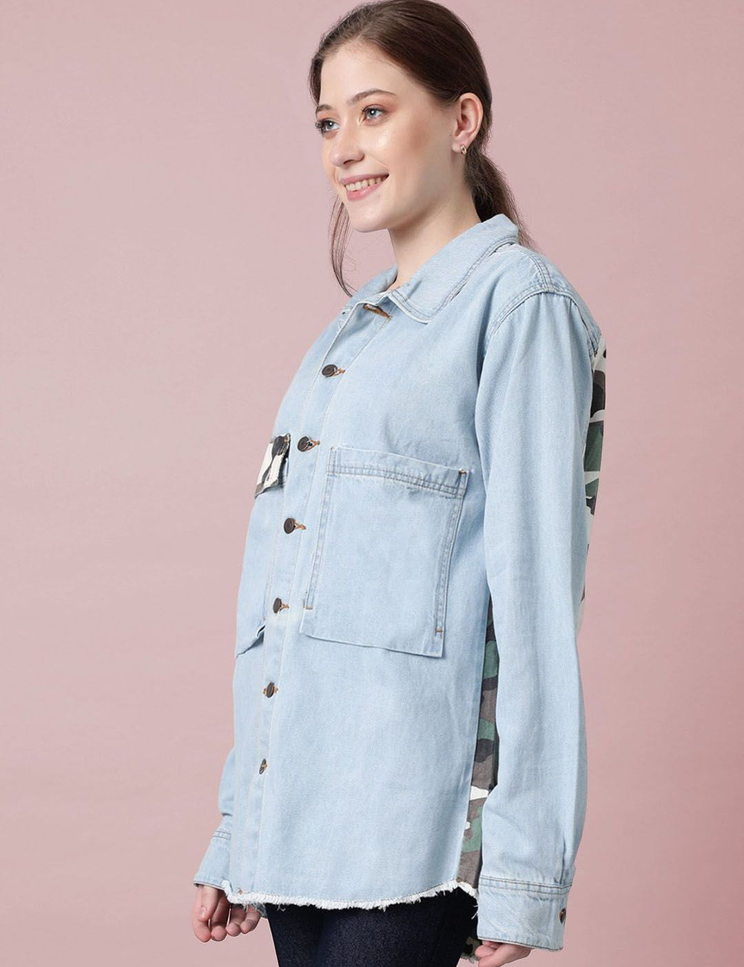 Kotty Women Spread Collar Camouflage Printed Cotton Casual Denim Jacket