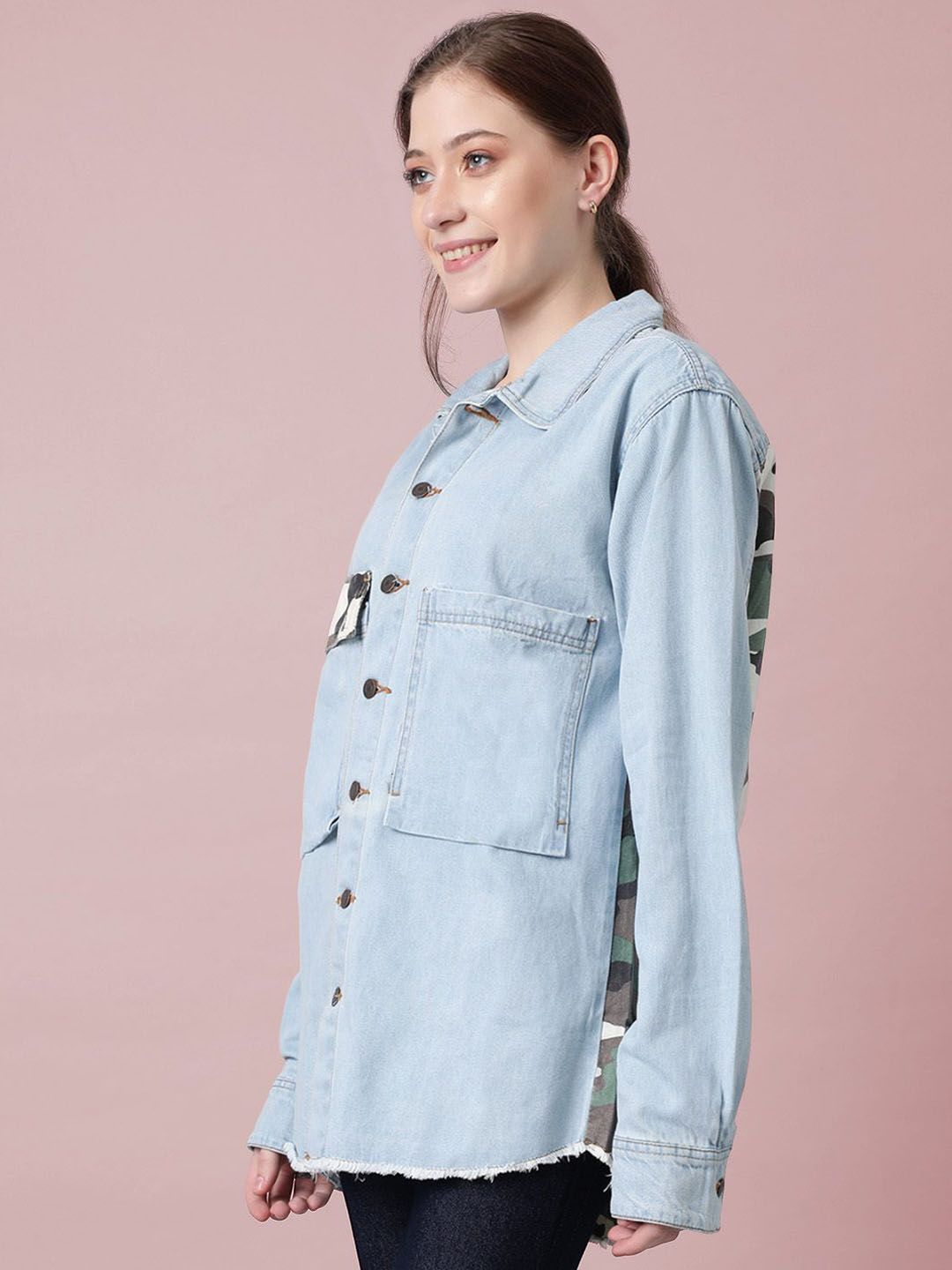 Kotty Women Spread Collar Camouflage Printed Cotton Casual Denim Jacket