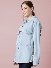 Kotty Women Spread Collar Camouflage Printed Cotton Casual Denim Jacket