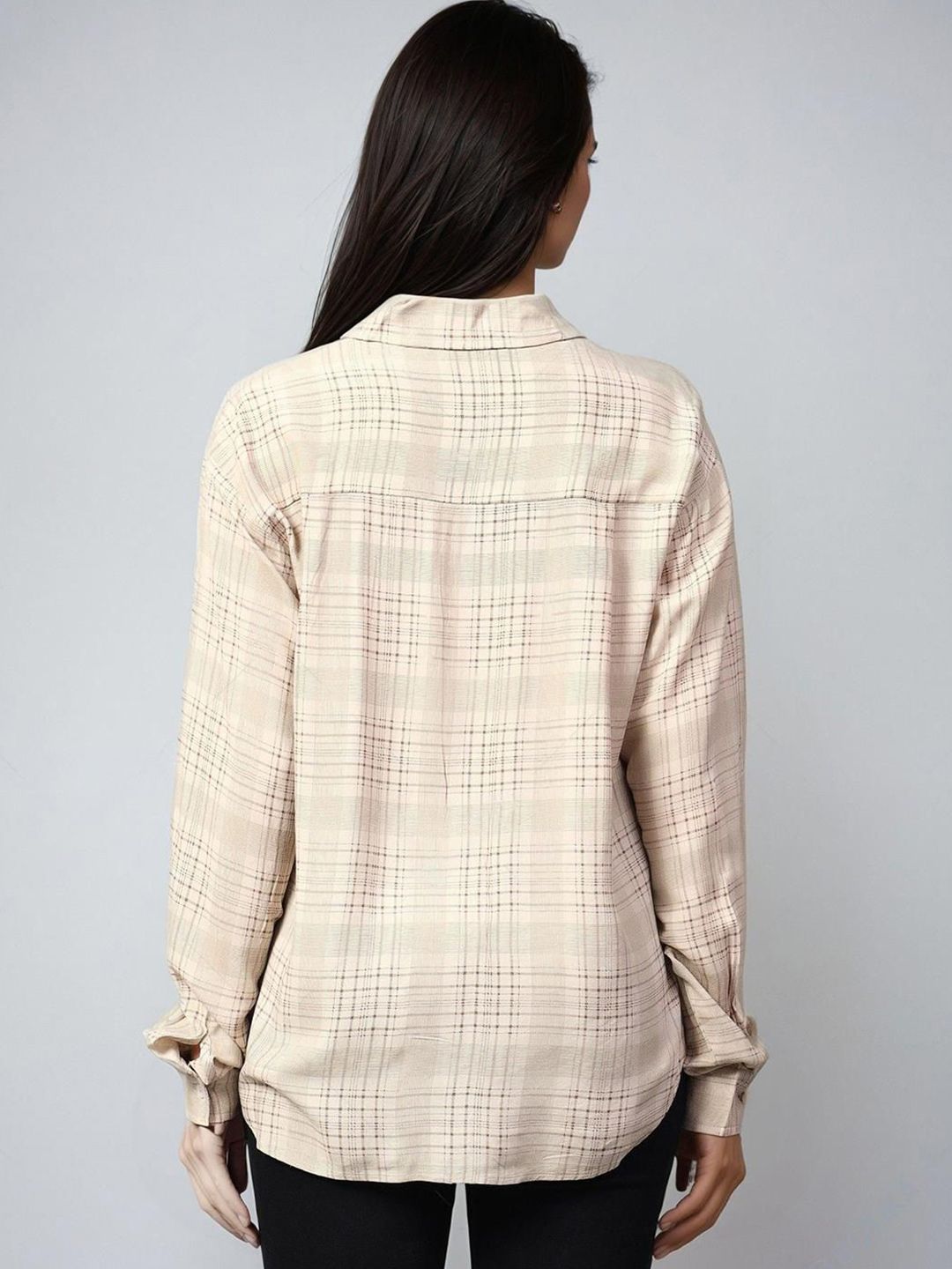Kotty Women Spread Collar Tartan Checked Cotton Casual Shirt