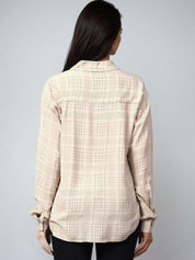 Kotty Women Spread Collar Tartan Checked Cotton Casual Shirt