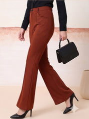 Brown Straight Fit High-Rise Trousers for Women – Chic Solid Design | Kotty