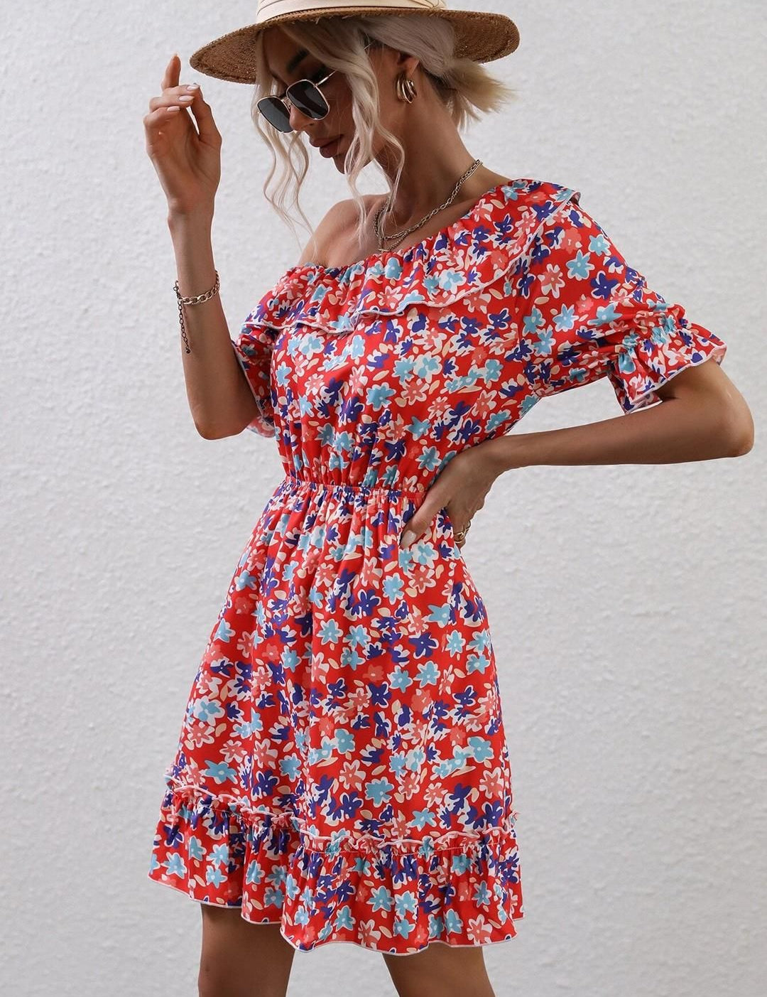 Kotty Floral Print Puff Sleeves Fit & Flare Dress