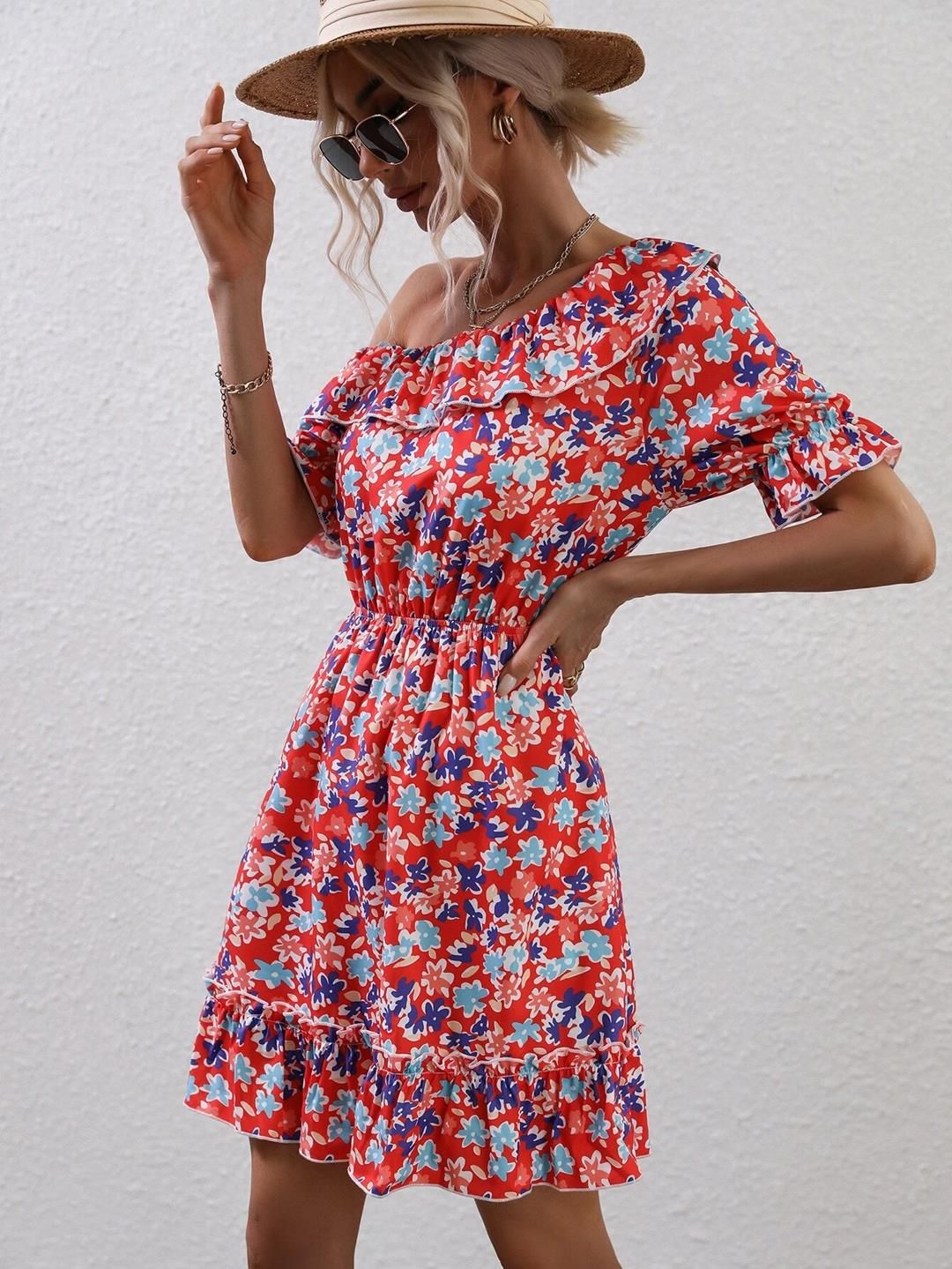 Kotty Floral Print Puff Sleeves Fit & Flare Dress
