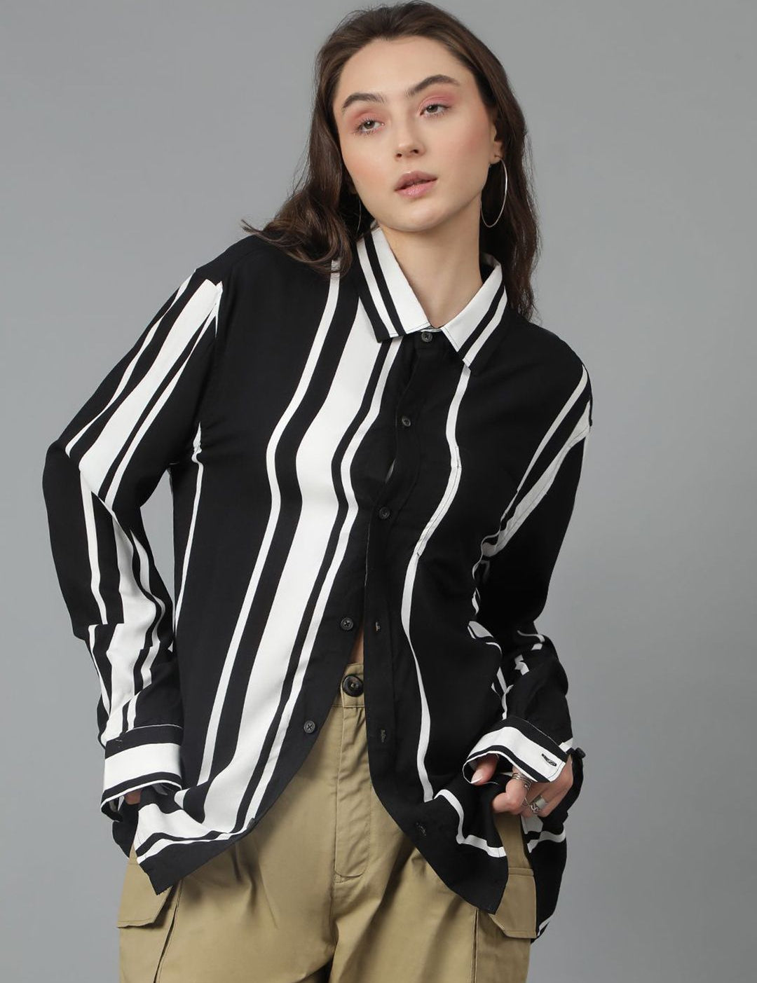 Kotty Women Opaque Striped Casual Oversized Shirt