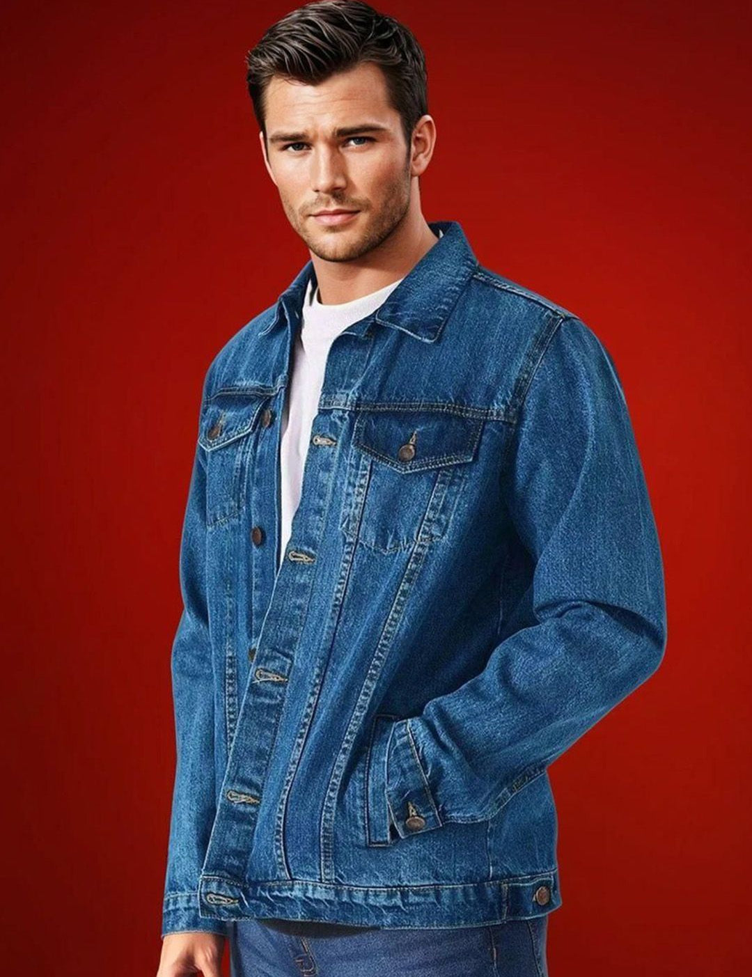 Kotty Men Spread Collar Solid Denim Jacket