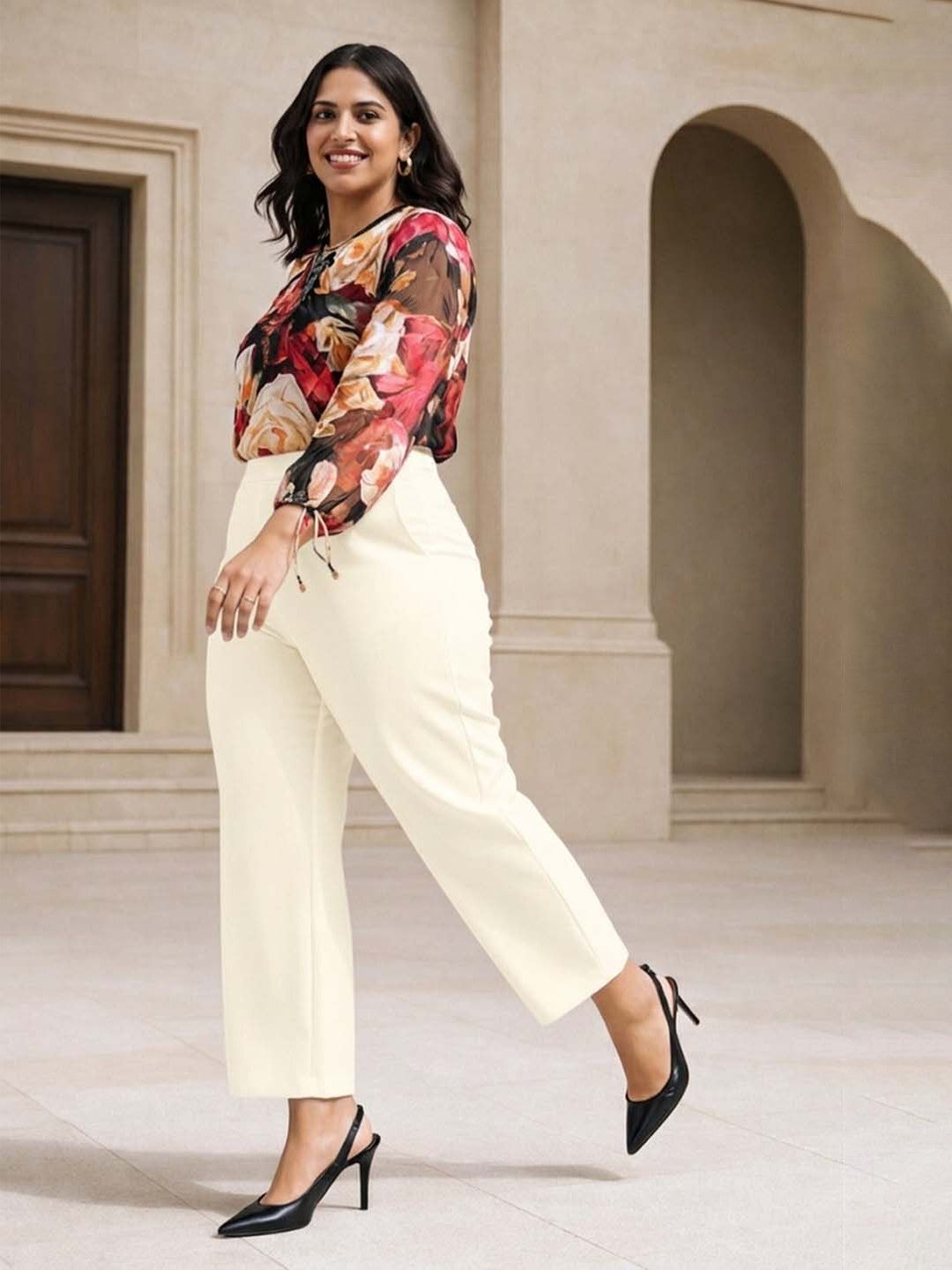 Beige Straight Fit High-Rise Trousers for Women | Kotty