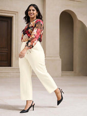 Beige Straight Fit High-Rise Trousers for Women | Kotty