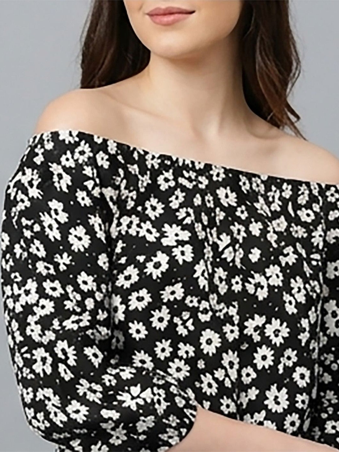 Kotty Top Jet Black Women's Off-Shoulder Three-Quarter-Sleeve Fashion
