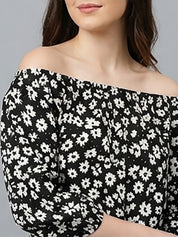 Kotty Top Jet Black Women's Off-Shoulder Three-Quarter-Sleeve Fashion