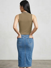 Kotty Top Tan Brown Women's High Sleeveless Fashion