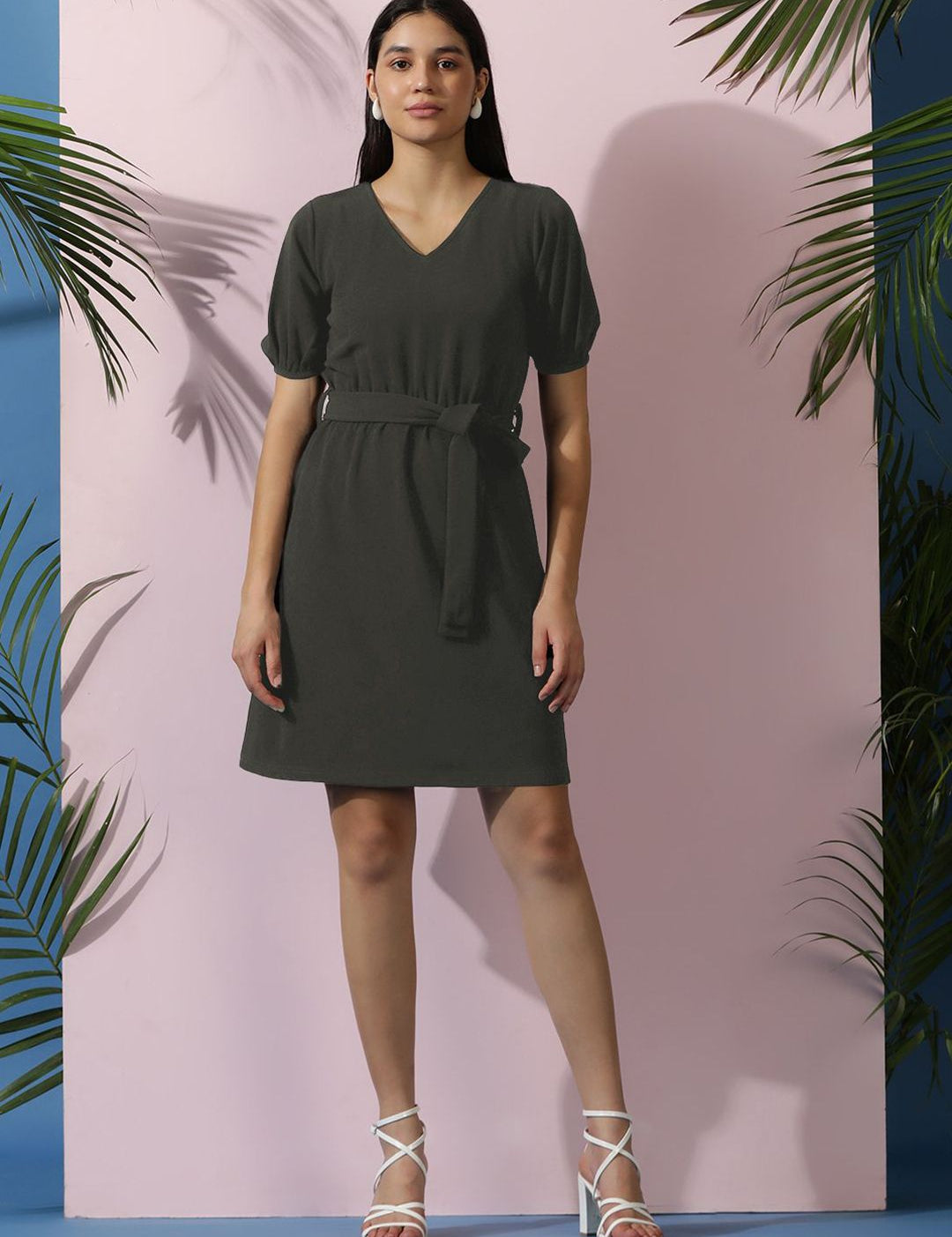 Kotty Women Solid Puff Sleeve A-Line Dress