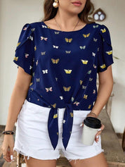 KOTTY Women Butterfly Print Boat Neck Puff Sleeves Tie-Up Top