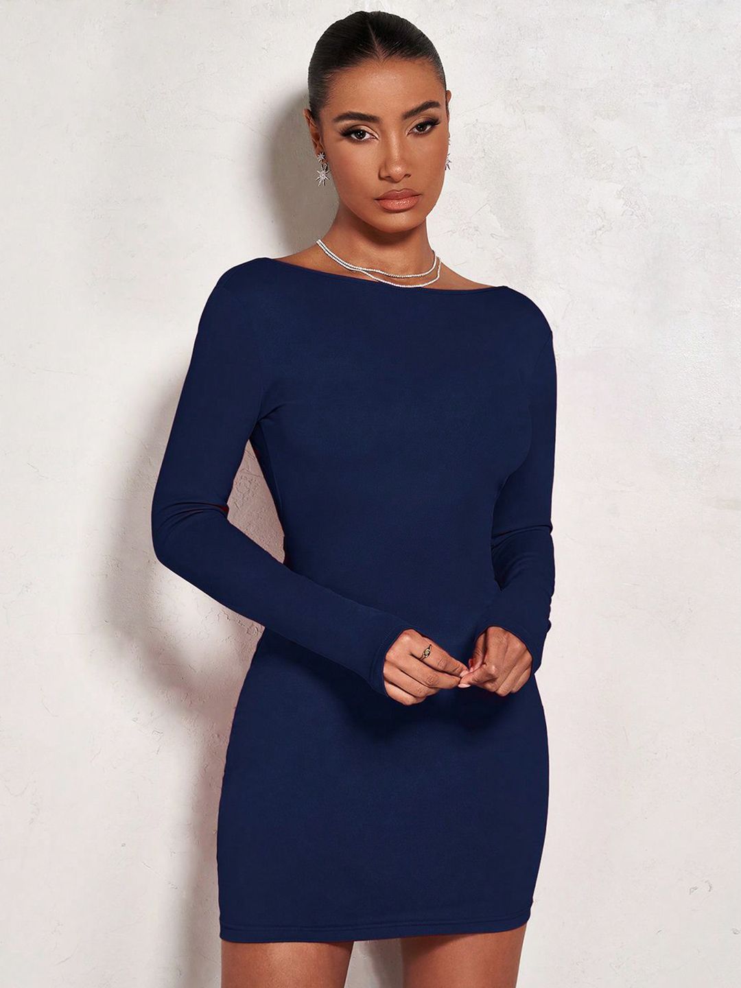 Kotty Solid Boat Neck Bodycon Mini Dress